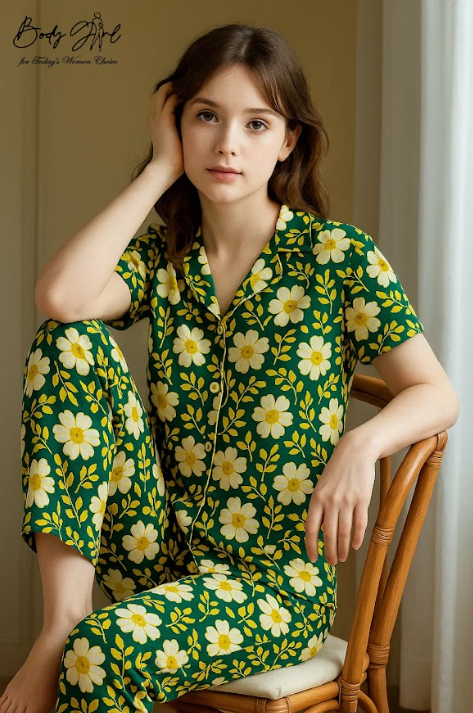 Body Girl Green & Yellow Daisy Floral Pajama Set – Fresh & Cheerful Women’s Nightwear