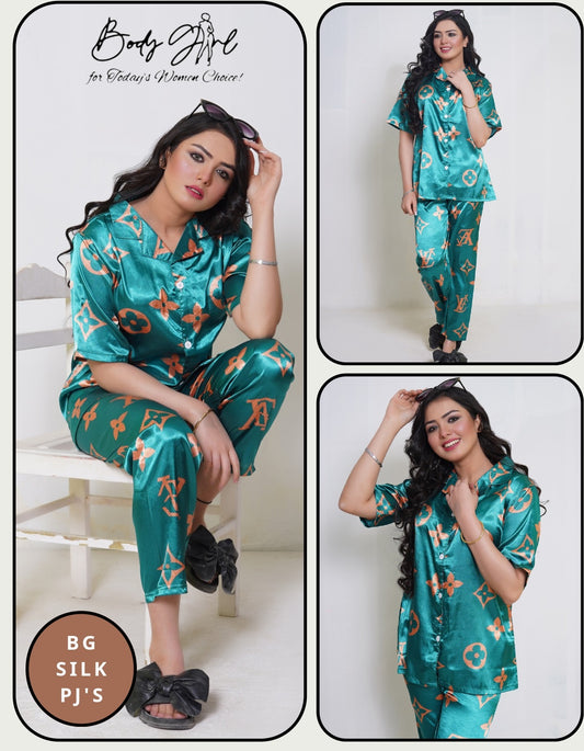 Body Girl Luxury Satin Pajama Set – Green & Gold Printed Nightwear