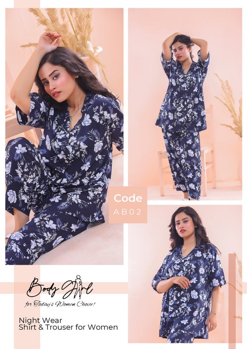 Body Girl Printed Shirt & Trouser Night Wear For Girls & Women Free Size