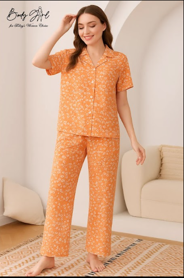 Body Girl Premium Orange Floral Linen Pajama Set – Elegant & Comfortable Women’s Nightwear