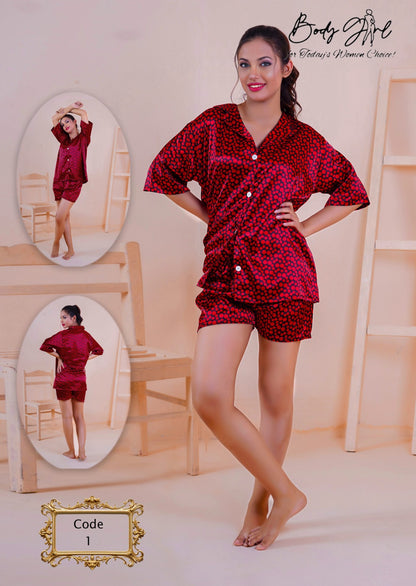 Body Girl Print Pajama Set, Short Sleeve Buttons Top & Elastic Waistband Shorts, Women's Sleepwear & Loungewear