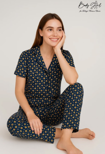 Body Girl Navy Mini Floral Linen Pajama Set – Elegant & Comfy Women’s Nightwear