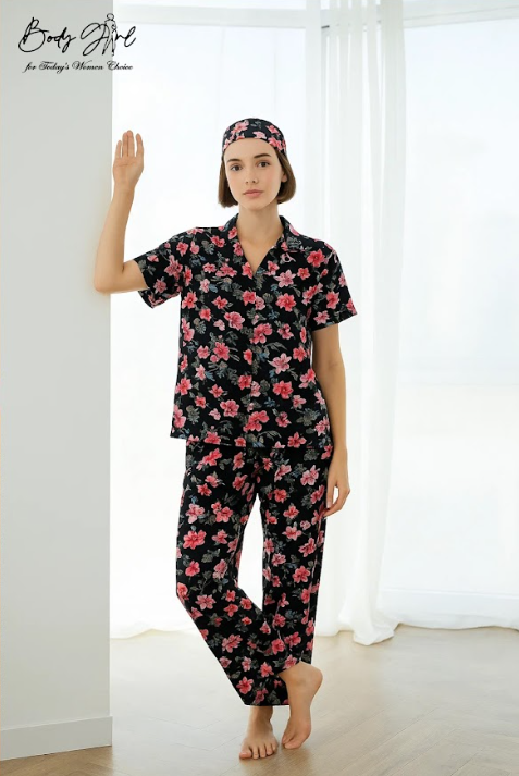 Body Girl Black & Pink Floral Linen Pajama Set with Headband – Elegant Nightwear for Women