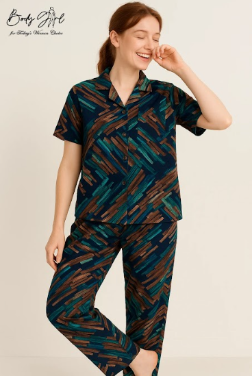 Body Girl Premium Teal & Brown Geometric Linen Pajama Set – Bold, Modern & Comfortable Women’s Nightwear