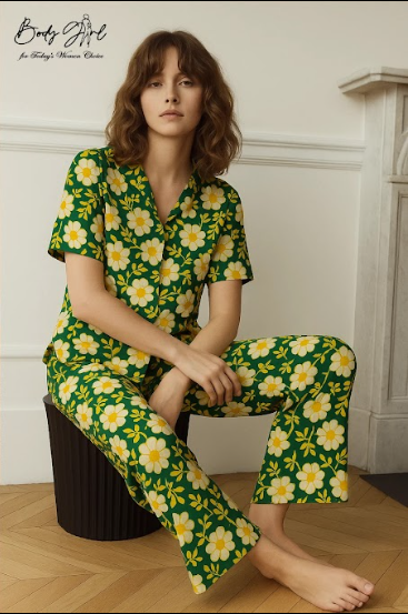 Body Girl Green & Yellow Daisy Floral Pajama Set – Fresh & Cheerful Women’s Nightwear