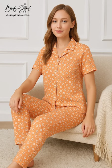 Body Girl Premium Orange Floral Linen Pajama Set – Elegant & Comfortable Women’s Nightwear