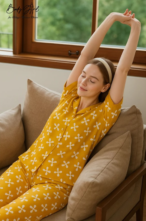 Body Girl Yellow Floral Geometric Linen Pajama Set – Bright & Playful Women’s Nightwear