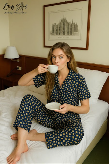 Body Girl Navy Mini Floral Linen Pajama Set – Elegant & Comfy Women’s Nightwear