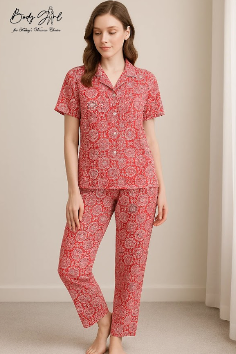 Body Girl Red Boho Print Linen Pajama Set – Vibrant & Stylish Women’s Nightwear