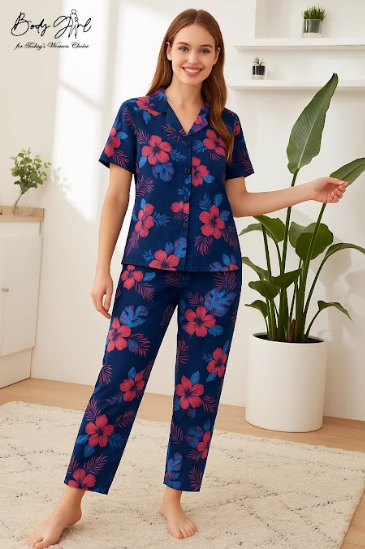Body Girl Navy Tropical Floral Linen Pajama Set – Elegant & Breezy Women’s Nightwear