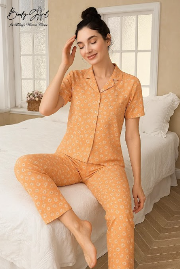 Body Girl Premium Orange Floral Linen Pajama Set – Elegant & Comfortable Women’s Nightwear