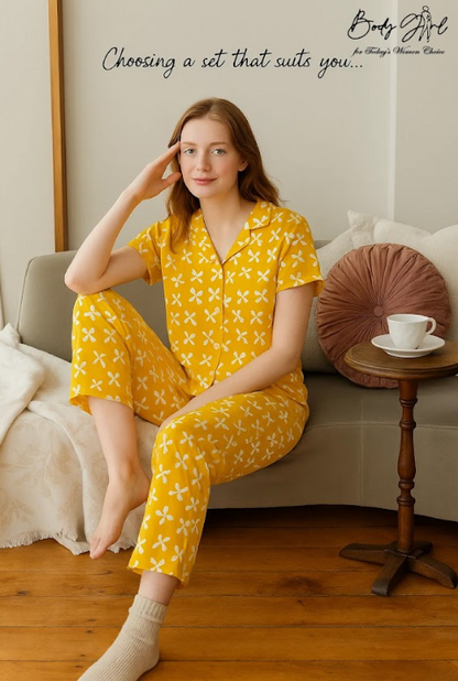 Body Girl Yellow Floral Geometric Linen Pajama Set – Bright & Playful Women’s Nightwear