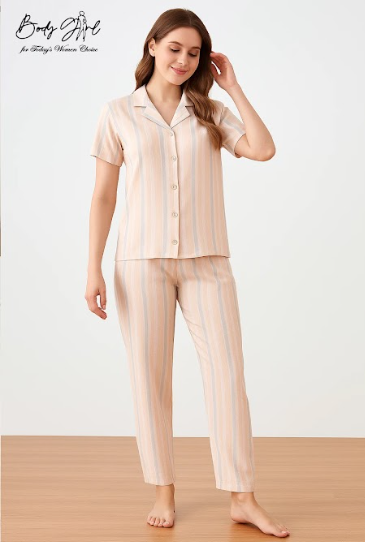 Body Girl Peach Nude Striped Linen Pajama Set – Elegant, Minimal & Ultra-Comfortable Nightwear for Women