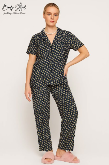 Body Girl Navy Mini Floral Linen Pajama Set – Elegant & Comfy Women’s Nightwear