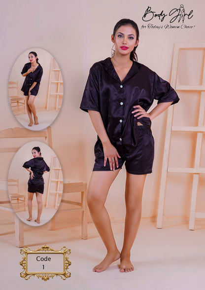 Body Girl Print Pajama Set, Short Sleeve Buttons Top & Elastic Waistband Shorts, Women's Sleepwear & Loungewear