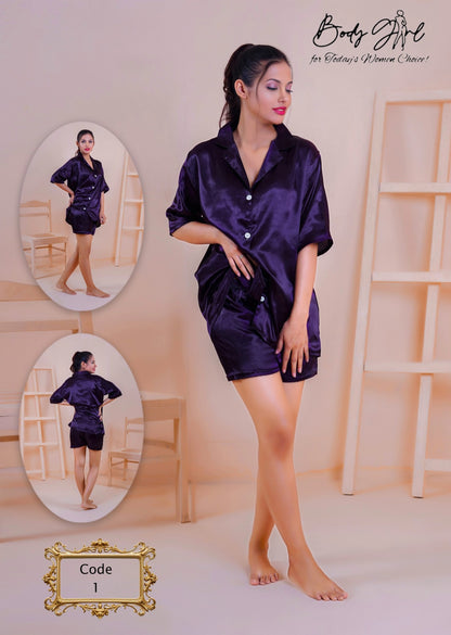 Body Girl Print Pajama Set, Short Sleeve Buttons Top & Elastic Waistband Shorts, Women's Sleepwear & Loungewear