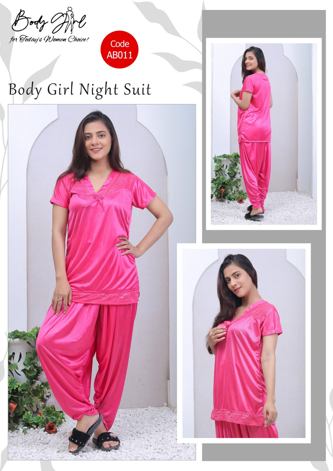 Body Girl 2-Pieces Half Sleeves & V-Neck Patiyala Nightwear Free Size