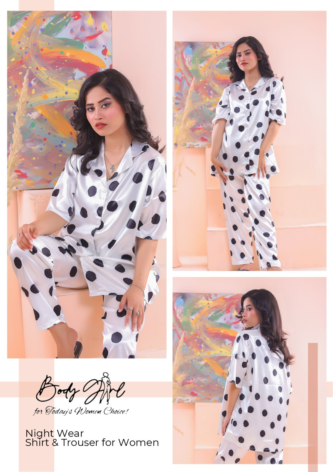Body Girl Shirt & Trouser Night Wear For Girls & Women Free Size - Dotted
