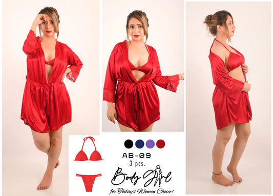 Body Girl 3-Pieces Short Gown Nightwear For Girls & Women Free Size