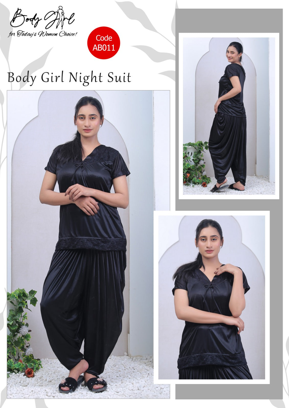Body Girl 2-Pieces Half Sleeves & V-Neck Patiyala Nightwear Free Size