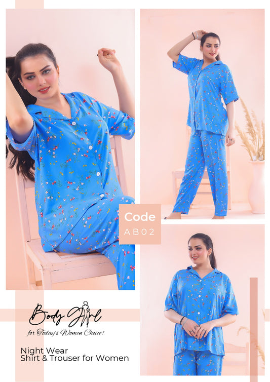 Body Girl Floral Printed Shirt & Trouser Night Wear For Girls & Women Free Size