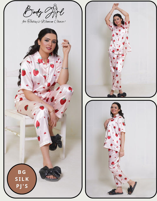 Body Girl BG Silk Pajama Set – Strawberry Print Satin Nightwear