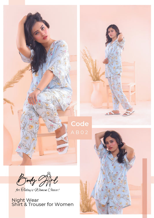 Body Girl Floral Printed Shirt & Trouser Night Wear For Girls & Women Free Size