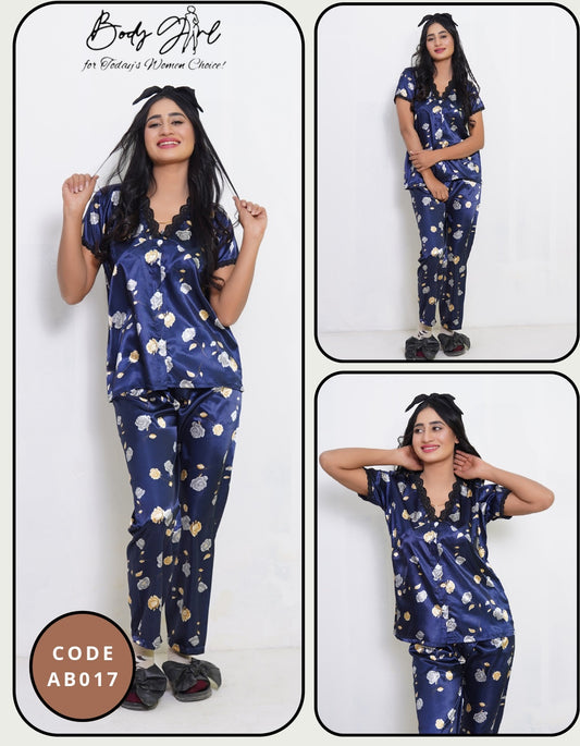 Body Girl Luxury Satin Floral Nightwear Set – Navy Blue