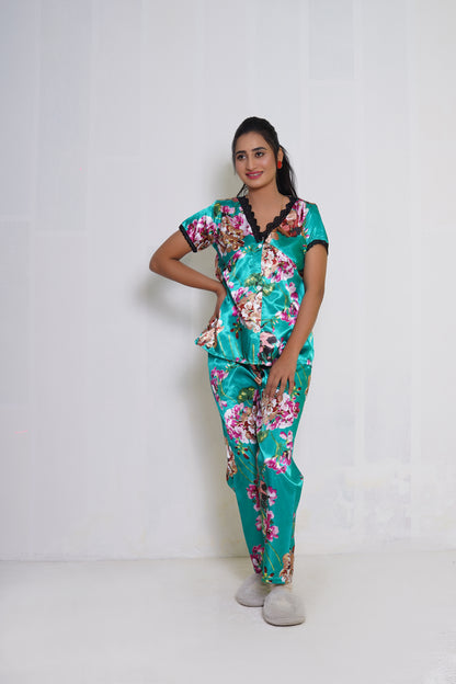 Title: Elegant Sky Green Floral Print Pajama Set – 2-Piece Loungewear