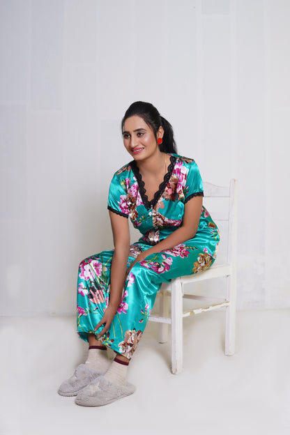 Title: Elegant Sky Green Floral Print Pajama Set – 2-Piece Loungewear
