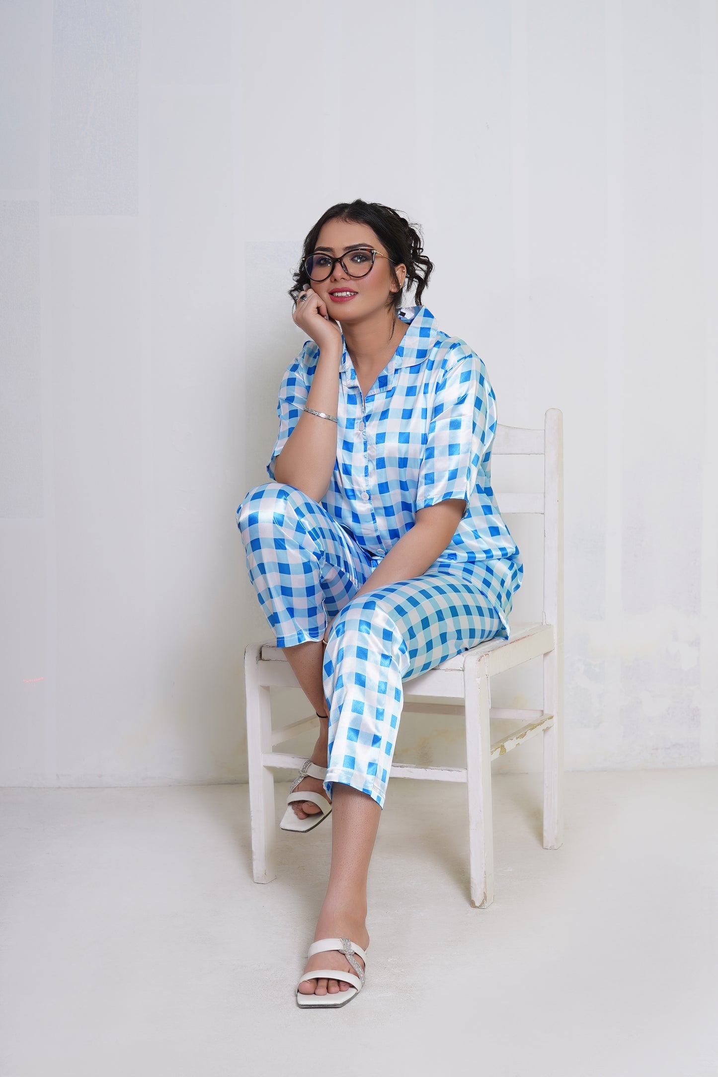 Body Girl Luxury BG Silk Pajama Set – Blue & White Checkered Nightwear