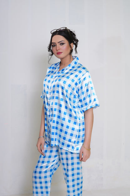 Body Girl Luxury BG Silk Pajama Set – Blue & White Checkered Nightwear