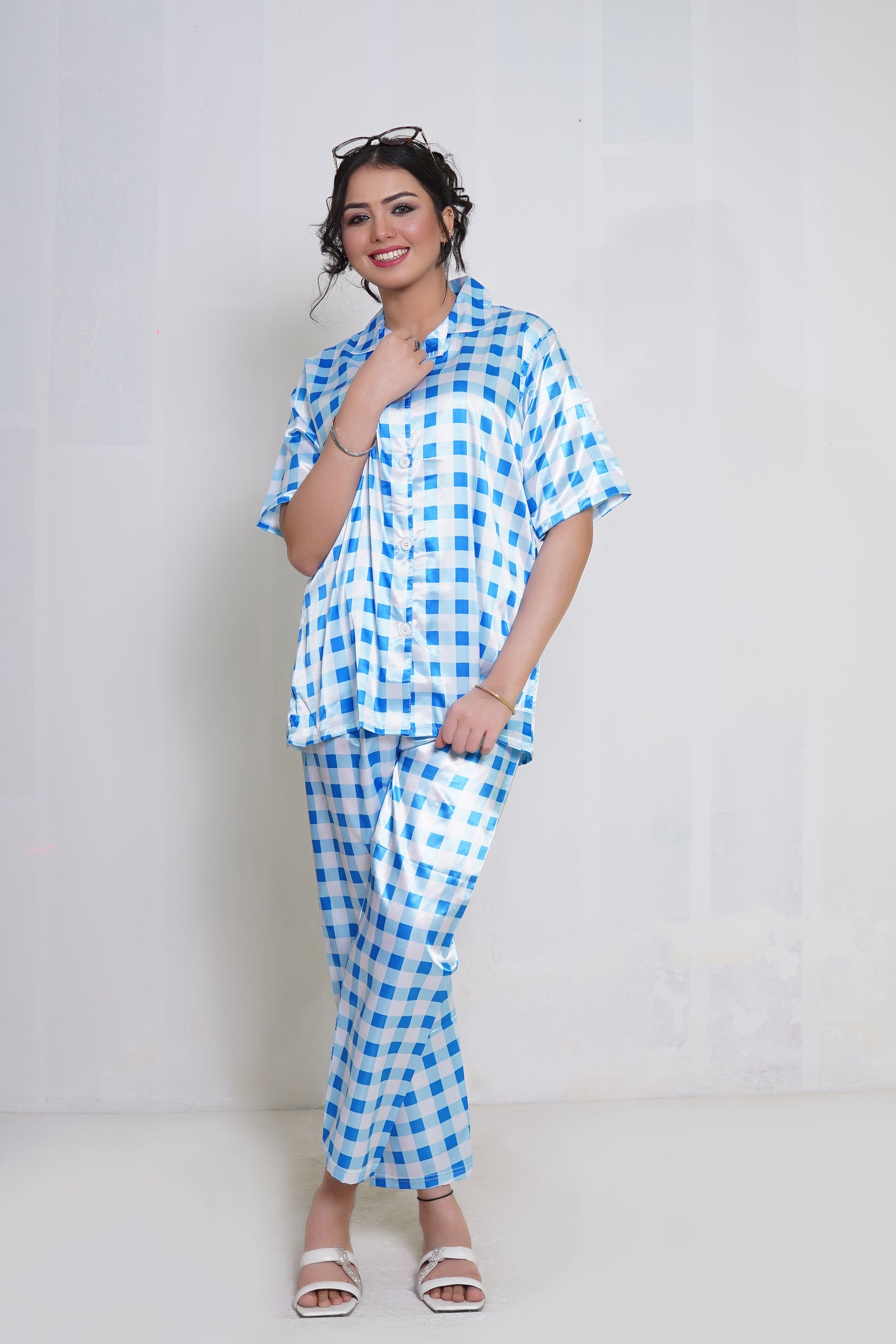 Body Girl Luxury BG Silk Pajama Set – Blue & White Checkered Nightwear