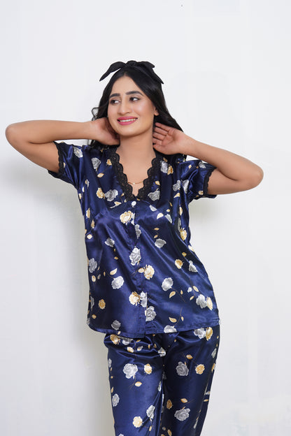 Body Girl Luxury Satin Floral Nightwear Set – Navy Blue