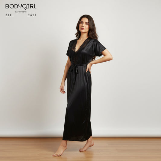 Luxury Satin Long Nighty With Lace Robe – Bridal & Premium Ladies Sleepwear Gown