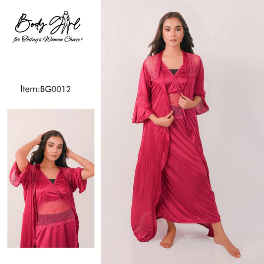 Body Girl 2 Pieces Long Bridal Silk & Lace Nightwear For Girls & Women Free Size