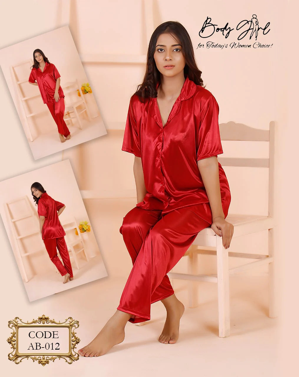 Body Girl 2 Pieces Bridal Silk Night Sleeping Suit For Girls & Women Free Size