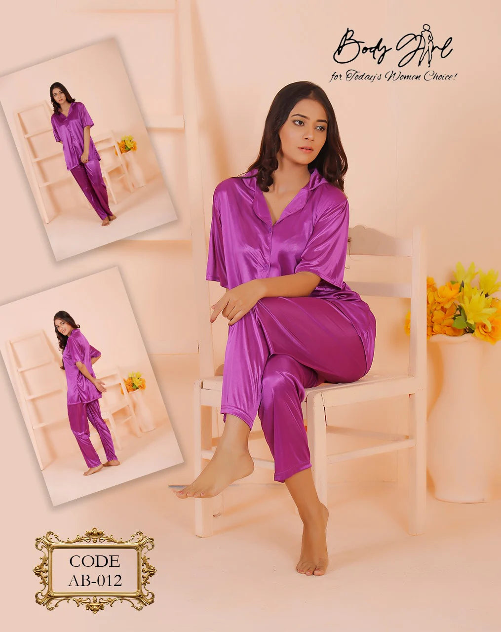 Body Girl 2 Pieces Bridal Silk Night Sleeping Suit For Girls & Women Free Size