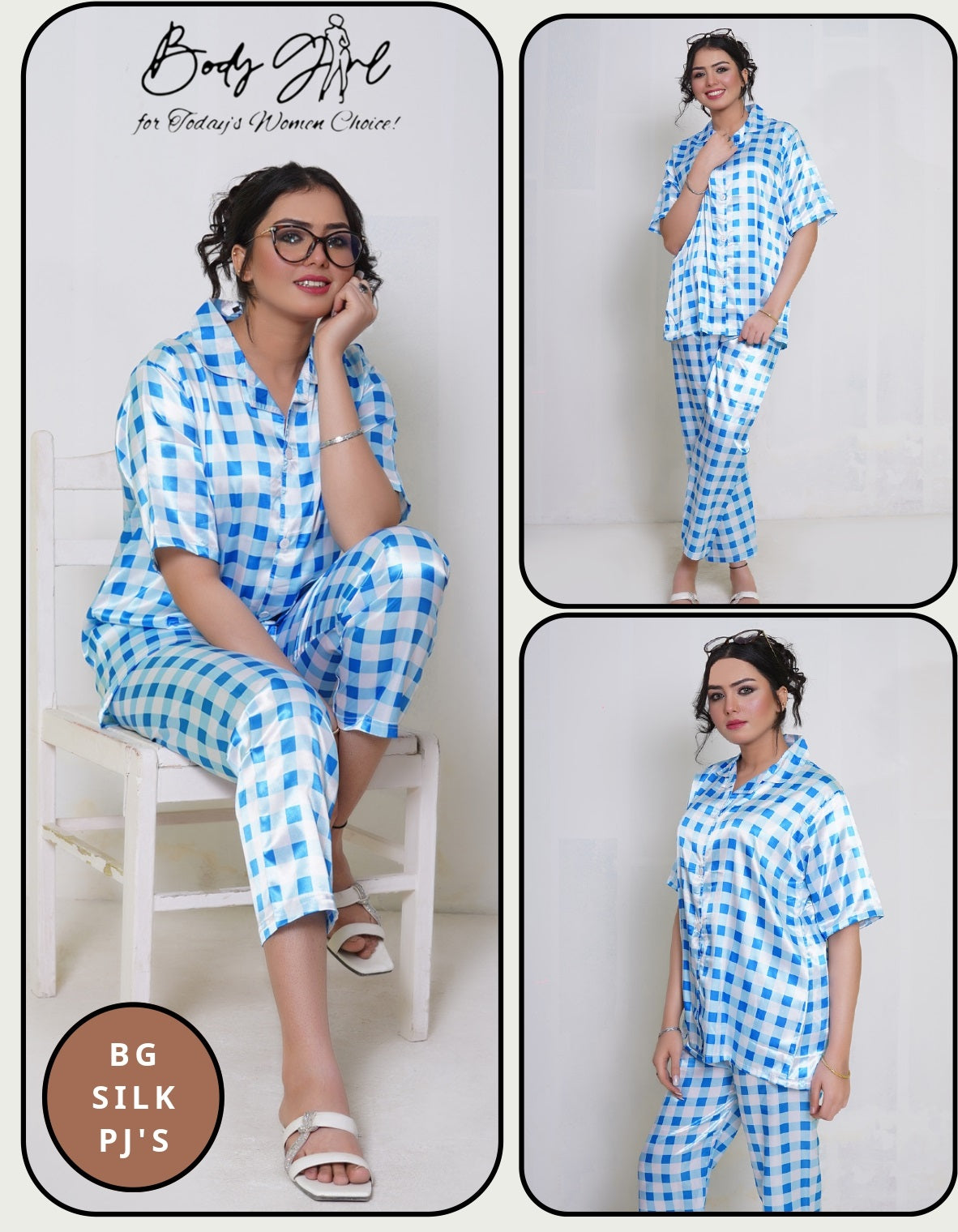 Body Girl Luxury BG Silk Pajama Set – Blue & White Checkered Nightwear