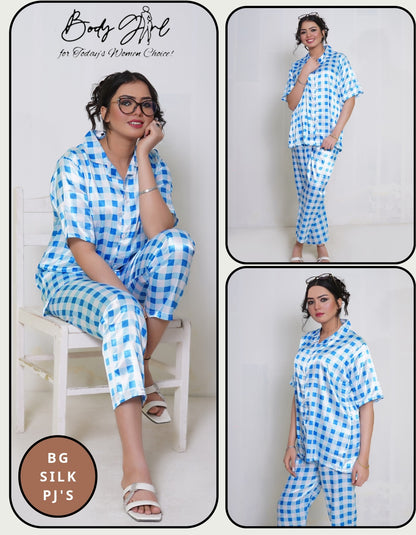 Body Girl Luxury BG Silk Pajama Set – Blue & White Checkered Nightwear