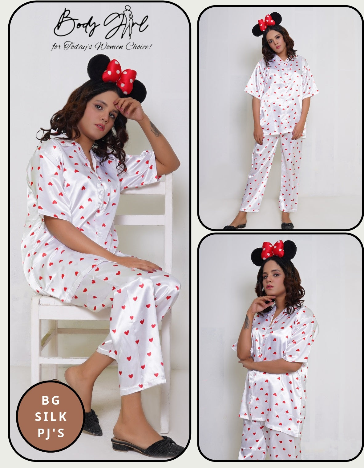 Body Girl Elegant White Pajama Set – 2-Piece Loungewear with Red Heart Print