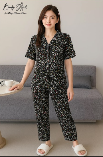Body Girl Premium Black Multicolor Floral Linen Pajama Set – Elegant & Comfortable Women’s Nightwear