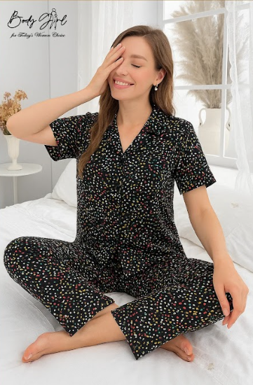 Body Girl Premium Black Multicolor Floral Linen Pajama Set – Elegant & Comfortable Women’s Nightwear