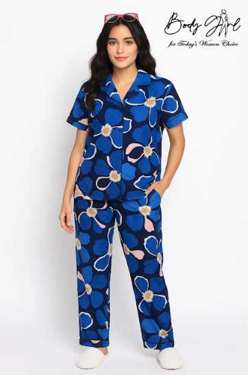 Body Girl Premium Blue Bold Floral Linen Pajama Set – Stylish & Comfortable Nightwear for Women