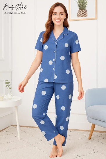 Body Girl Navy Polka Dot Linen Pajama Set – Playful & Timeless Women’s Nightwear