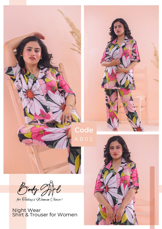 Body Girl Floral Printed Shirt & Trouser Night Wear For Girls & Women Free Size