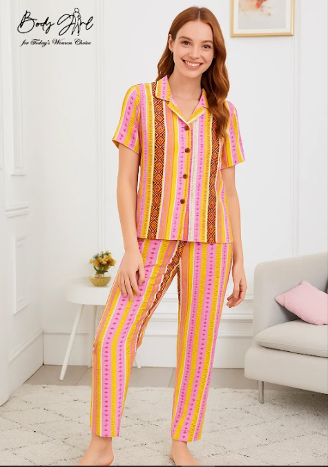 Body Girl Premium Multicolor Striped Linen Pajama Set – Vibrant & Comfortable Women’s Nightwear