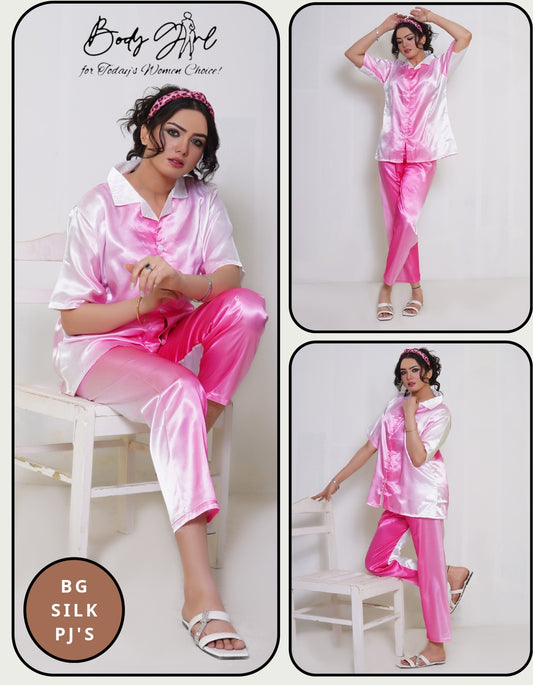 Body Girl Women's Satin Pajama Set - Pink & White