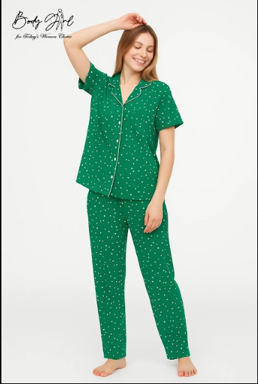 Body Girl Premium Green Polka Dot Linen Pajama Set – Elegant & Comfortable Women’s Nightwear