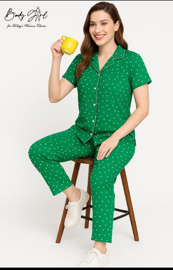 Body Girl Premium Green Polka Dot Linen Pajama Set – Elegant & Comfortable Women’s Nightwear